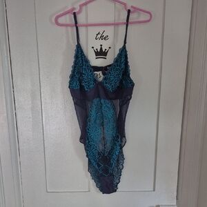 La Vie En Rose Teal and Navy Lace Bodysuit
